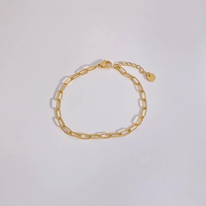 Detail of golden stainless steel paperclip link bracelet with lobster clasp and extension
