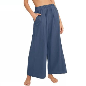 Pantalon large en lin bleu foncé pour femme avec taille élastique et poches latérales