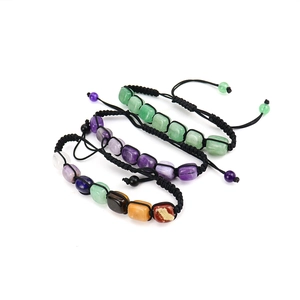 Three-piece set of handmade woven chakra stone bracelets with adjustable cords