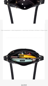 Black pebbled leather bag interior showing multiple storage compartments and daily items