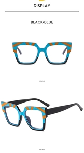 Detailed front and side views of square blue frames with orange diagonal stripes