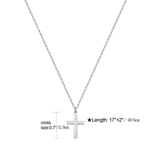Unisex stainless steel necklace featuring a minimalist silver cross pendant and size guide
