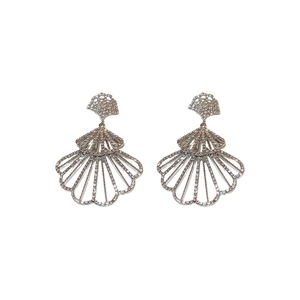 Elegant silver sparkling fan-shaped drop earrings with full rhinestone inlay on white background