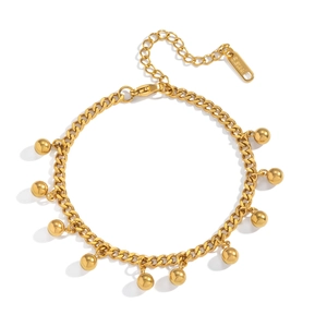 18K gold plated stainless steel flat Cuban link bracelet with ten polished round bead charms