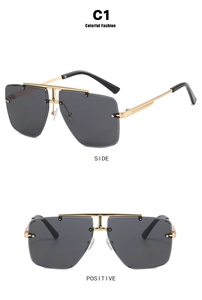 Detailed views of rimless aviator sunglasses with gold frames and black lenses