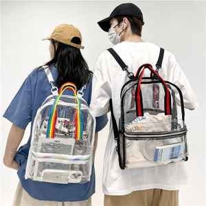 Transparent PVC backpack with rainbow straps shown on models for beach or school use