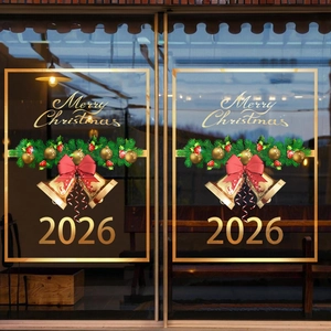 Christmas Window Stickers Static Cling PVC Double Sided Golden Bells Pine Branches Merry Christmas Glass Door Decor