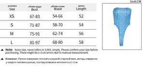 Detailed size chart for printed slim fit bodysuit swimwear in XS to L measurements