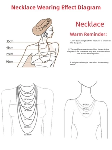 Detailed necklace length guide showing chain sizes from 16 to 32 inches on person illustration