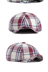 Detailed views of a red and blue plaid baker boy hat showing texture and silhouette