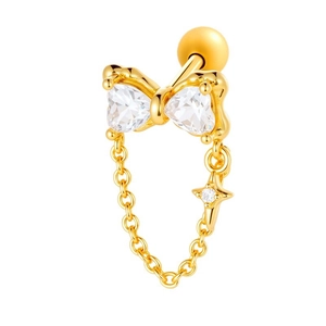 Titanium steel golden bow stud earring with heart gemstone and hanging star chain detail