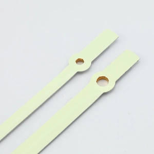 Luminous quartz clock hand set with green fluorescent coating and metal mounting holes