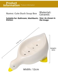 Vue détaillée du porte-savon canard mignon en céramique avec spécifications et dimensions.