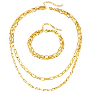 Three-piece gold paperclip chain jewelry set featuring two necklaces and one bracelet