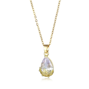 Elegant gold chain necklace with a pear-cut clear gemstone and floral镂空 setting