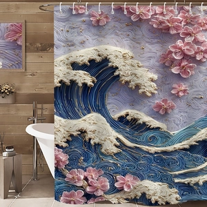 Detail of waterproof 3D shower curtain featuring blue waves and pink cherry blossoms