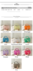 Size information and color options chart for silicone quilted chain crossbody jelly bag