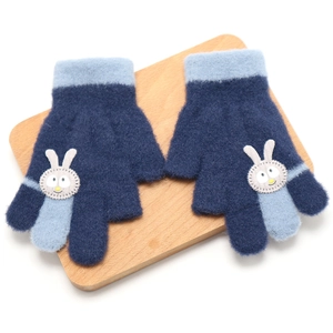 Winter knitted toddler gloves with blue patchwork and cute bunny design for kids