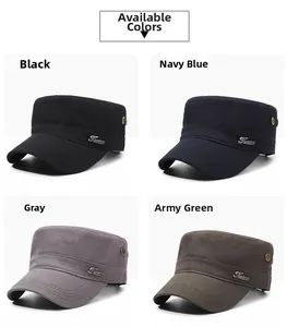 Flat-top military caps shown in four colors with Jeans metal side logo and eyelets