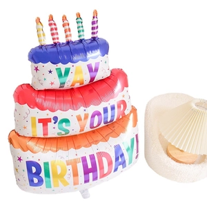 Three-layer birthday cake foil balloon with colorful candle topper and festive patterns