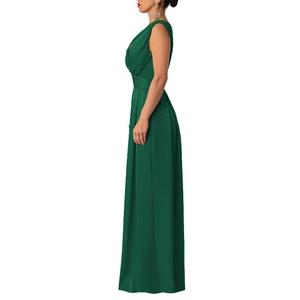 Side view of dark green sleeveless v-neck jumpsuit with slim fit and wide leg design