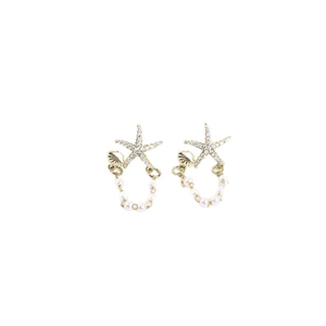 Starfish pearl earrings with rhinestones and shell pendants in gold finish