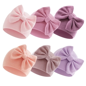 Newborn Baby Beanie Hat And Anti Scratch Mittens Cotton Ribbed Knit Large Bow Solid Color Infant Toddler Winter Warm