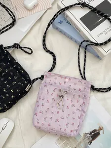 Floral mini crossbody canvas bag with pleated texture and adjustable rope strap for women