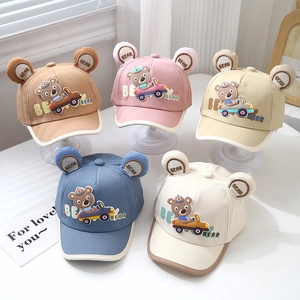 Baby Baseball Cap Cotton Breathable Sunshade Hat With 3D Bear Ears Cartoon Bear Car Pattern Adjustable For Toddlers