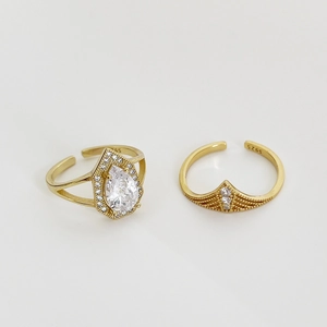Adjustable S925 sterling silver gold ring with teardrop zircon and white background