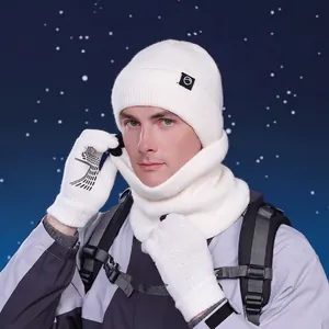 Winter 3-piece set with knitted hat, neck warmer and gloves in white for men in outdoors