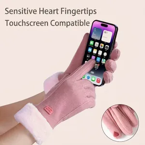 Rosa Winter-Thermo-Wildlederhandschuhe für Damen mit Touchscreen-Spitzen und Webpelzmanschetten