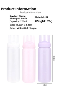 Detail showing 170ml hair dye bottles with comb applicator in white, pink, and purple colors