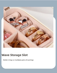 Detail view of pink velvet wavy slots for rings and earrings inside a travel jewelry box