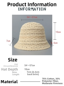 Detailed size chart of the mesh bucket hat showing brim, crown depth, and circumference
