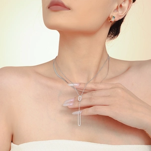 Silver Y-necklace with zircon rectangle pendant and colorful gemstone earrings set
