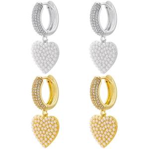 Vintage Heart Drop Hoop Earrings Brass With Artificial Pearls And Cubic Zirconia Elegant Jewelry For Women