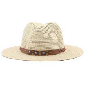 Classic light beige straw fedora hat with brown studded leather band for sun protection
