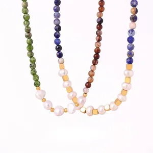 Natural Stone Freshwater Pearl Beaded Necklace Titanium Steel Handmade Bohemian Retro Style Jewelry For Women