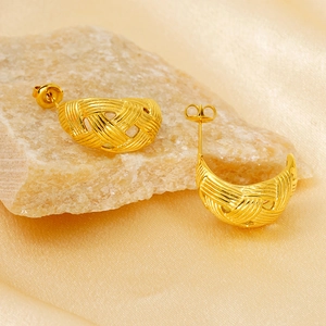 Luxe 18K gold plated titanium steel mesh weave earrings with hollow woven design