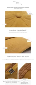 Detailed macro view of yellow cotton baseball cap with 3D embroidery and metal buckle