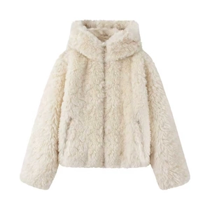 Women's cream faux fur hooded jacket with zipper closure and soft plush texture