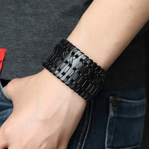 Men's punk black leather woven wide bracelet with multi-layer texture on wrist