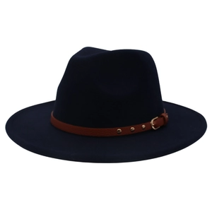 Detail of navy wool fedora hat featuring a brown leather belt with gold metal studs