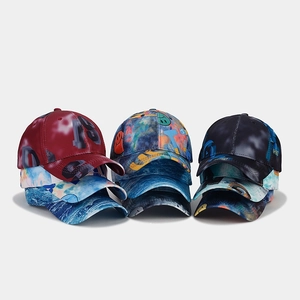 Street style baseball caps with digital prints including burgundy, blue and graffiti designs