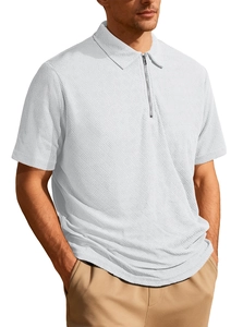 Detailed view of white herringbone knit texture and metal zipper collar on men's Polo shirt