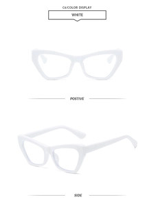 Front and side views of white cat-eye glasses frames with a modern minimalist design