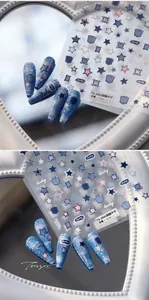 Detailed 3D embossed denim texture nail stickers featuring stars and pocket patterns