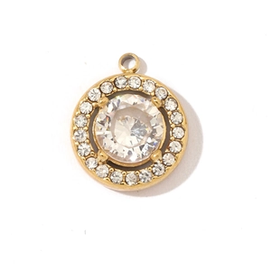 Close-up of golden round halo pendant with white zircon stones for jewelry making