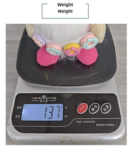 Weight display of the plush donut gnome doll showing 137g on a digital scale
